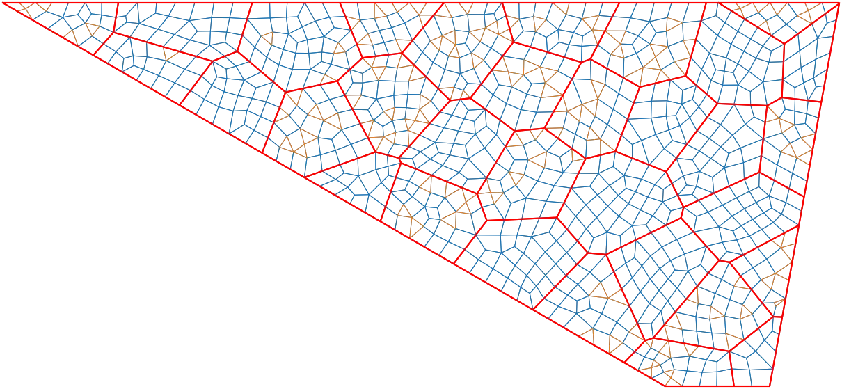 Voronoi-seeded internal wing structure: red frame members over a fine structured quad mesh, rendered on a dark viewport ground